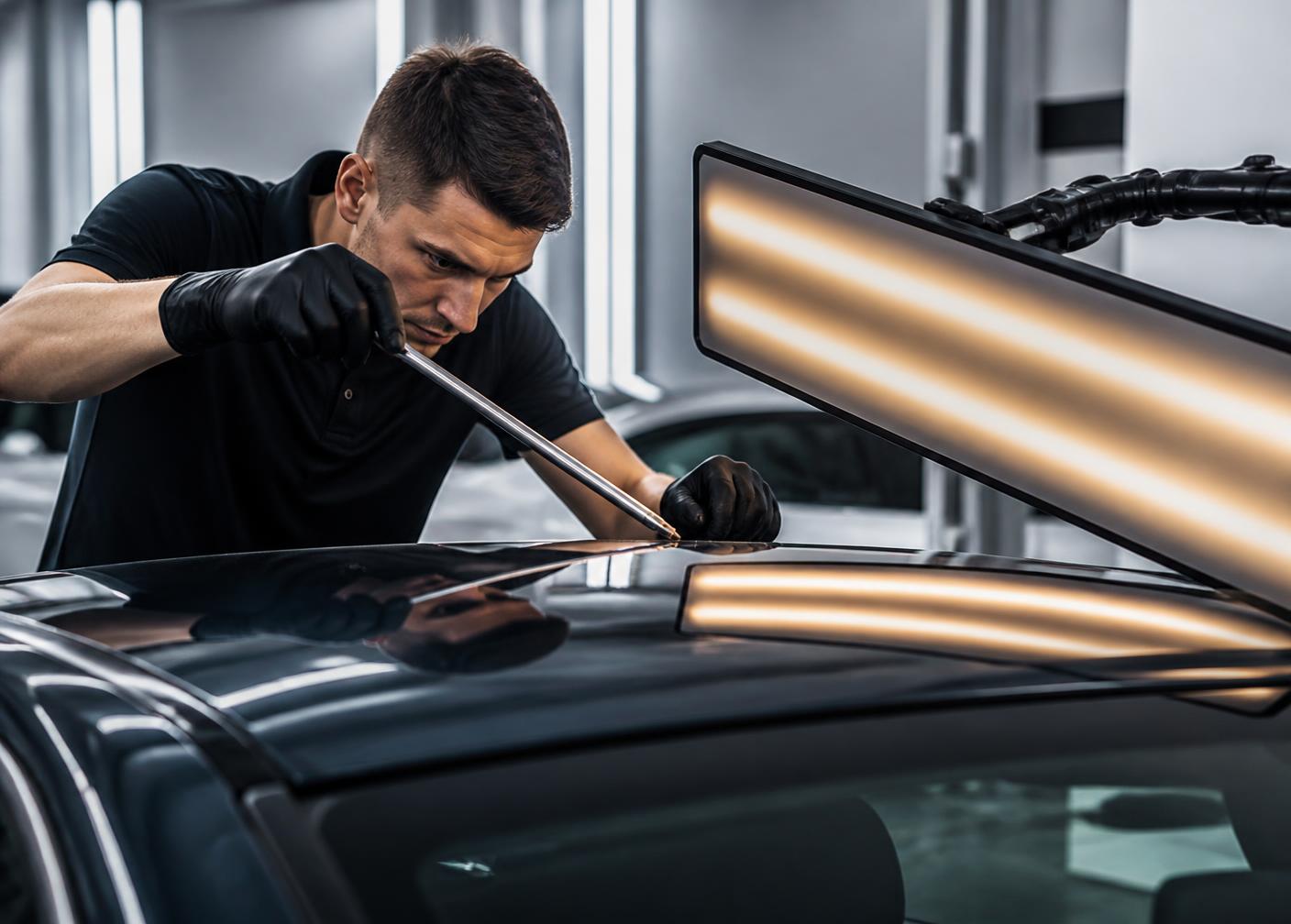 A paintless dent repair technician working a hail dent out of a car roof under reflective repair lighting
